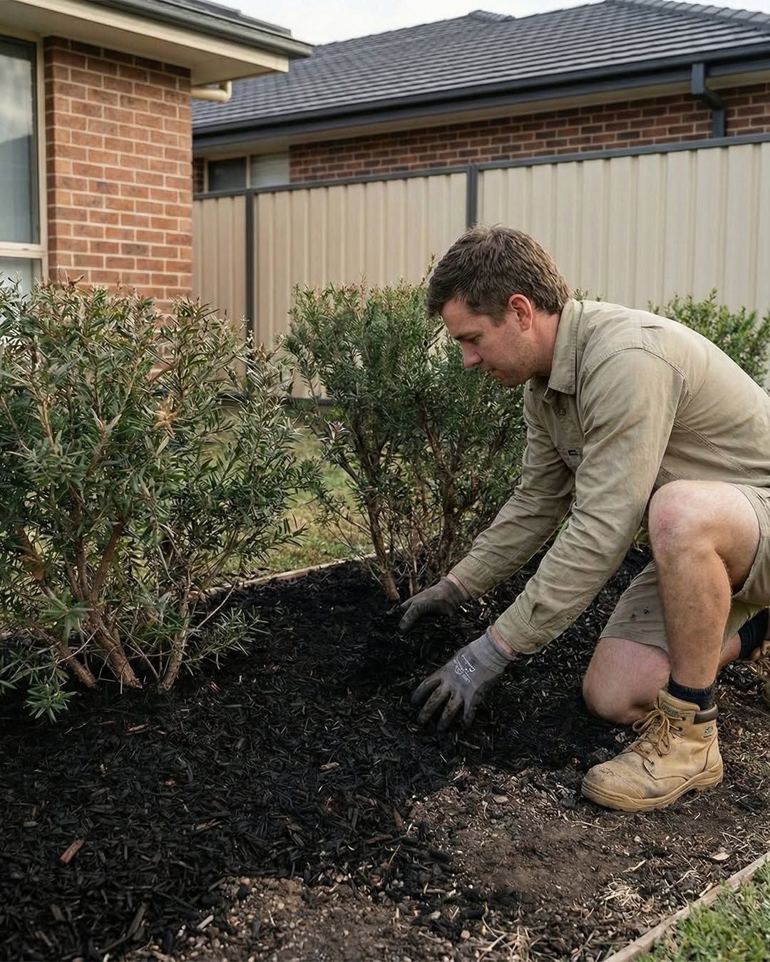 A Ground Control landscaper kneeling in a garden bed, spreading dark mulch around two shrubs