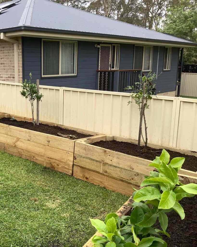 Long raised garden beds made from timber sleepers, filled with dark soil and young trees beside a new lawn