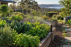 Illustrative image of raised vegetable garden beds with a pop-up irrigation sprinkler