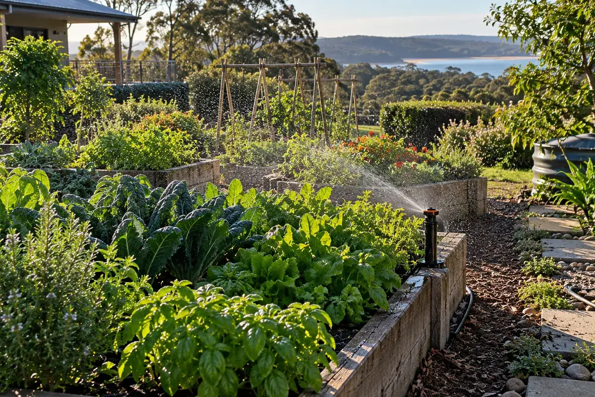 Illustrative image of raised vegetable garden beds with a pop-up irrigation sprinkler